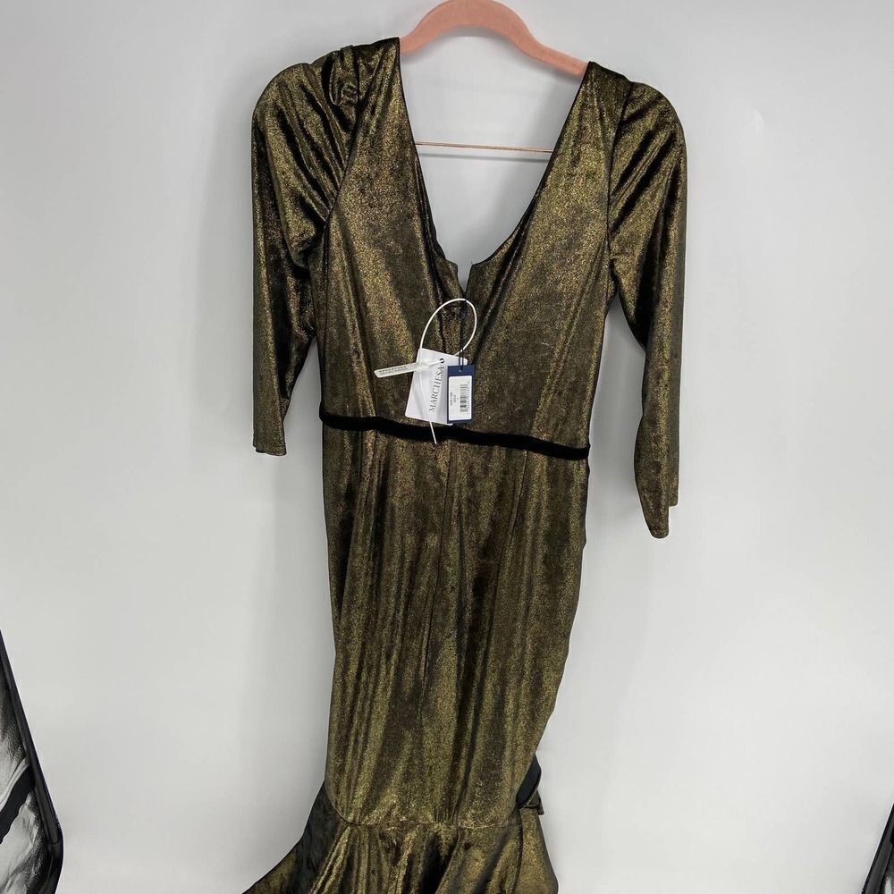 Marchesa Notte Metallic Foiled Gold Black Velvet Ruched Midi Dress Womens 2 NWT - Picture 5 of 8